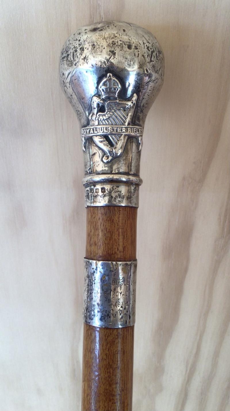 A Silver Topped Royal Ulster Rifles Bugle Majors Parade Cane