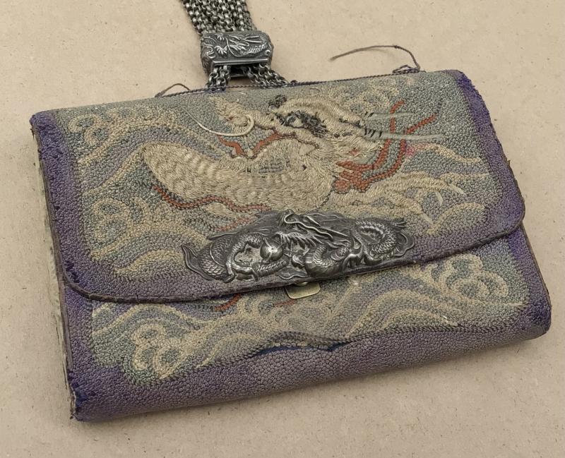 Japanese Meiji (19thc) Samurai Tobacco Or Coin Pouch (fukuro) With Sterling Clasp (kanemono) & Manju Netsuke