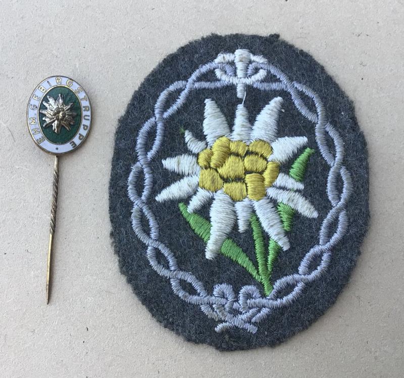 German WW2 Edelweiss Arm Badge and Matching Stick Pin