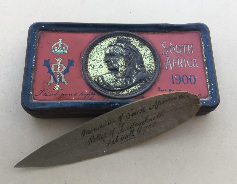 Boer War Queen Victoria Chocolate Tin and Souvenir Protea Leaf