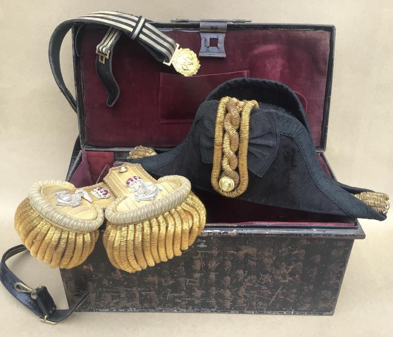 Royal Navy Officer's Full Dress Cocked Hat Epaulettes Dress and Undress Belts, Carrying Tin.