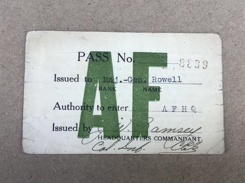 The personal AFHQ Pass to Major General Sir Sydney Rowell.