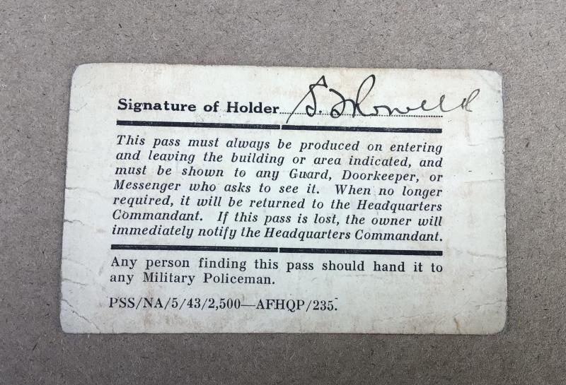 The personal AFHQ Pass to Major General Sir Sydney Rowell.